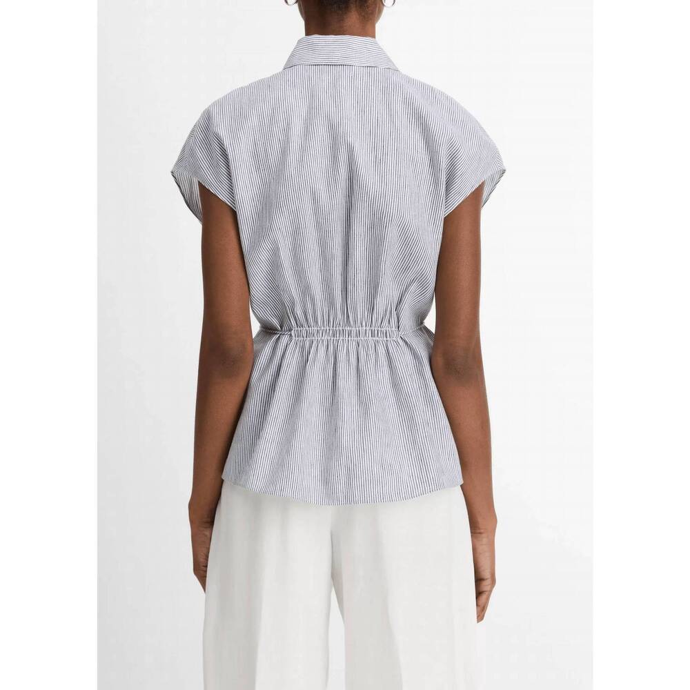 NEW VINCE ticking stripe linen-cotton cap sleeve blouse in iris slate / off-whit - Picture 3 of 5